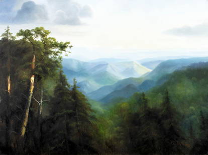 Ron Williams (TN,1947-2016) oil painting: ARTIST: Ron Williams (Tennessee, 1947 - 2016) TITLE: Mountain Landscape MEDIUM: oil on canvas CONDITION: Some paint losses mostly by the left edge. No visible inpaint unde