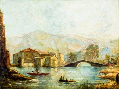 Teodoro Duclere (Italy,1816-1867) oil painting antique: ARTIST: Teodoro Duclere (Italian, 1816 - 1867) NAME: Landscape MEDIUM: oil on canvas CONDITION: Few inpainted crease lines. No visible inpaint under UV light. Minor damages to frame. SIGHT SIZE: 7 x