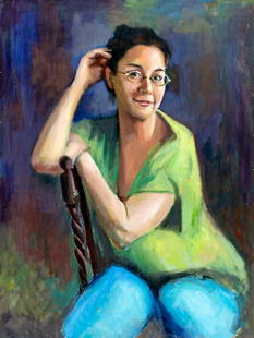John Reilly (NY,NJ,1942-2021) oil painting: ARTIST: John Reilly (New York, New Jersey, 1942 - 2021) TITLE: Portrait of Seated Woman MEDIUM: oil on board CONDITION: Some scratches. No visible inpaint under UV light.