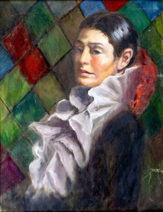 Vintage mid 20C American oil painting: ARTIST: - (American, mid 20 century) TITLE: Portrait of Woman MEDIUM: oil on canvas CONDITION: Some scratches/paint losses (see pictures carefully). Minor craquelure. No visible inpaint under UV