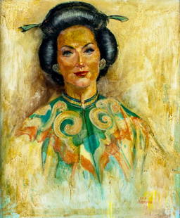 Ida May Askren (IL,mid 20C) oil painting: ARTIST: Ida May Askren (Illinois, mid 20 century) TITLE: Portrait of Woman MEDIUM: oil on board CONDITION: Very good. No visible inpaint under UV light. Wear to frame. ART SIZE: 24 x 20 inches / 60 x