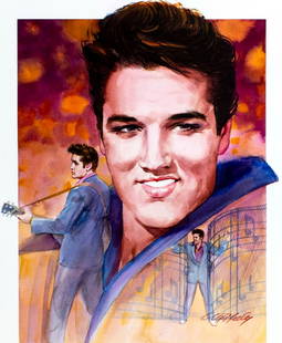 Tom McNeely (Canada,1935-?) watercolor painting: ARTIST: Tom McNeely (Canadian, 1935 - ???) TITLE: Elvis Presley YEAR: 1992 MEDIUM: watercolor on paper. Paper applied to board. CONDITION: Few minor pa