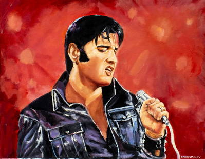 Diane Stanley (TX,Scottish,1943-?) oil painting: ARTIST: Diane Elizabeth Stanley (Texas, Scotland, 1943 - ???) TITLE: Jail House Rock - Elvis Presley (titled on verso) YEAR: 1997 MEDIUM: oil on canvas board CO
