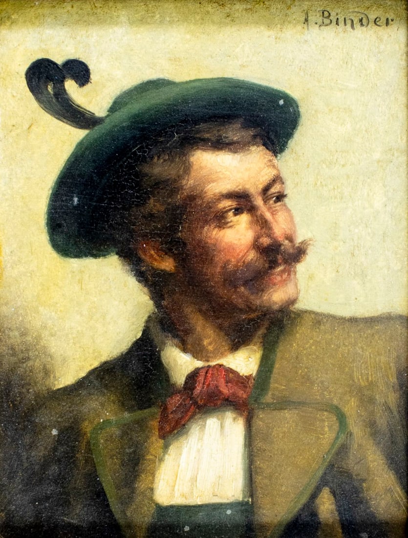 Alois Binder (German,1857-1933) oil painting antique: ARTIST: Alois Binder (Germany, 1857 - 1933) TITLE: Portrait of Tyrolean Man MEDIUM: oil on board CONDITION: Few minor paint losses. Minor craquelure. No visible inpaint un