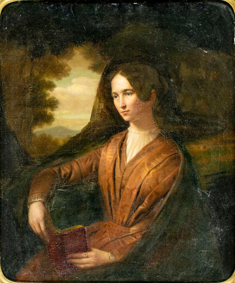 Antique 19C American oil painting signed: ARTIST: - (American, 19 century) TITLE: Woman with Book MEDIUM: oil on canvas CONDITION: Some small paint losses. Some craquelure. No visible inpaint under UV light. Some