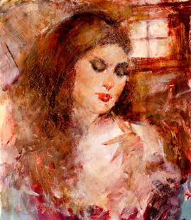 Max Turner (CA,CO,1925-2019) oil painting: ARTIST: Max Turner (California, Colorado, 1925 - 2019) TITLE: Portrait of Woman MEDIUM: oil on paper CONDITION: One small tear to lower left corner. Few minor paint losse