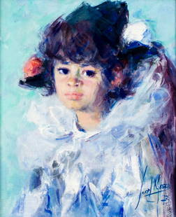 Jose Luis Moran (Spain,1924-?) oil painting: ARTIST: Jose Luis Moran (Spanish, 1924 - ???) NAME: Portrait of Girl YEAR: 1973 MEDIUM: oil on canvas CONDITION: Minor craquelure. No visible inpaint under UV light. S
