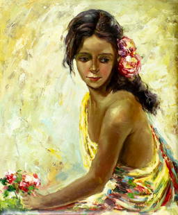 Landry (US,20C) oil painting: ARTIST: Landry (American, 20 century) TITLE: Portrait of Woman with Flowers MEDIUM: oil on canvas. Canvas applied to board. CONDITION: Overall good. No visible inpaint under