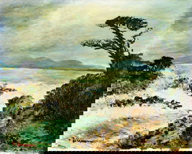 Vintage mid 20C American oil painting signed: ARTIST: - (American, mid 20 century) TITLE: Evening Seascape MEDIUM: oil on canvas board CONDITION: Some small damages to upper left corner and upper edge. Few minor scrat