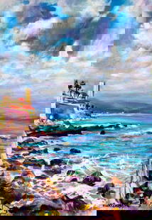 Valentin Ukrainets (Ukraine,b 1965) oil painting: ARTIST: Valentin Ukrainets (Ukrainian, born 1965) TITLE: Seascape - The Sea after the Rain (titled on verso) MEDIUM: oil on heavy paper CONDITION: Very good. No visible inpa