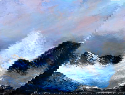 Bergwall (Europe,20C) oil painting: ARTIST: Bergwall (European, 20 century) TITLE: Rocky Coast Seascape MEDIUM: oil on canvas CONDITION: Unstretched (In-House stretching available). Few minor paint losses. No