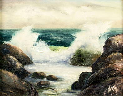 Fred McCoy (CA,20C) oil painting: ARTIST: Fred McCoy (California, 20 century) TITLE: Rocky Coast Seascape MEDIUM: oil on canvas board CONDITION: Very good. No visible inpaint under UV light. ART SIZE: 8 x 10 inches / 20 x 25 cm FRAME
