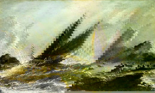 Antique 19C American oil painting: ARTIST: - (American, 19 century) TITLE: Stormy Seascape with Sailboats MEDIUM: oil on canvas CONDITION: One repaired tear. Some scratches/paint losses. Some scattered inpa