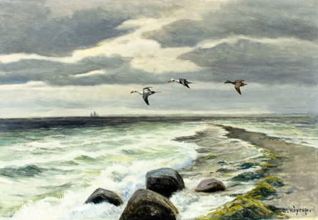Carl Hoyrup (Denmark,1893-1961) oil painting: ARTIST: Carl Hoyrup (Danish, 1893 - 1961) TITLE: Seascape with Flying Birds MEDIUM: oil on canvas CONDITION: Few small faint scratches in the upper right quadrant. No visi