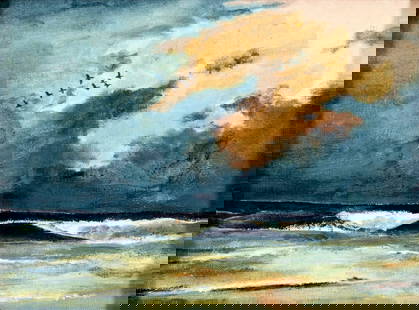 Lou Genereux (US,20C) oil painting: ARTIST: Lou Genereux (American, 20 century) TITLE: Cloudy Sunset Seascape MEDIUM: oil on canvas board CONDITION: Very good. No visible inpaint under UV light. Wear to frame. ART SIZE: 9 x 12 inches /