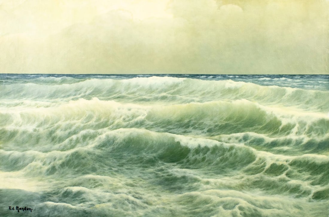 Edouard Mandon (France,1885-1977) oil painting: ARTIST: Edouard Mandon (French, 1885 - 1977) TITLE: Seascape MEDIUM: oil on canvas CONDITION: Unstretched (In-House stretching available). Minor craquelure. No visible inp