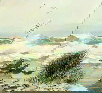 James Phillips (CA,1913-1981) watercolor painting: ARTIST: James March Phillips (California, 1913 - 1981) TITLE: Stormy Seascape with Gulls MEDIUM: watercolor on heavy paper CONDITION: Some age toning. Framed under glass.<