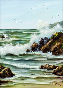 Klara Schon Komlos (CA,1913-1987) oil painting: ARTIST: Klara Schon Komlos (California, 1913 - 1987) NAME: Seascape MEDIUM: oil on canvas CONDITION: Very good. No visible inpaint under UV light. SIGHT SIZE: 12 x 9 inches / 30 x 22 cm FRAME SIZE: