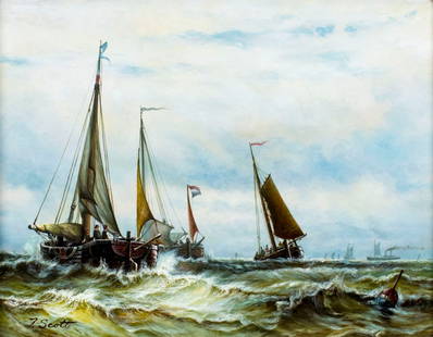 Thomas Scott (US,20C) oil painting: ARTIST: Thomas Scott (American, 20 century) NAME: Fishing Boats at Sea MEDIUM: oil on canvas CONDITION: Very good. No visible inpaint under UV light. SIGHT SIZE: 12 x 16 inches / 30 x 40 cm FRAME
