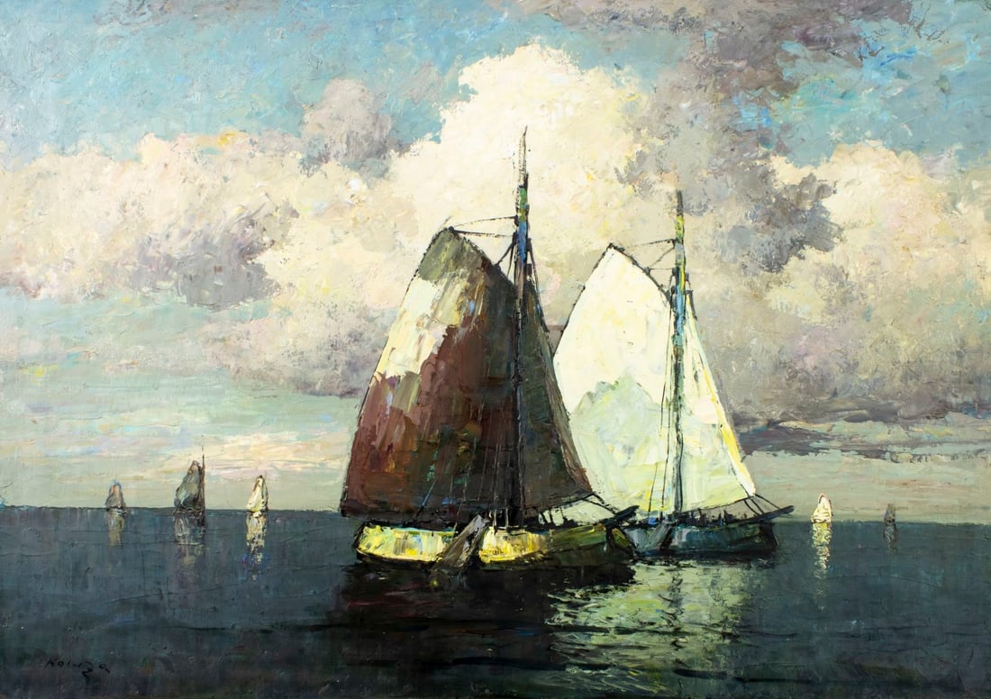 Helmut Kaluza (German,1912-1984) oil painting: ARTIST: Helmut Kaluza (German, 1912 - 1984) TITLE: Seascape with Sail Ships MEDIUM: oil on canvas CONDITION: Unstretched (In-House stretching available). Few minor paint l