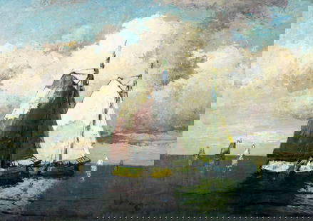 Helmut Kaluza (German,1912-1984) oil painting: ARTIST: Helmut Kaluza (German, 1912 - 1984) TITLE: Seascape with Sail Ships MEDIUM: oil on canvas CONDITION: Unstretched (In-House stretching available). Few minor paint l