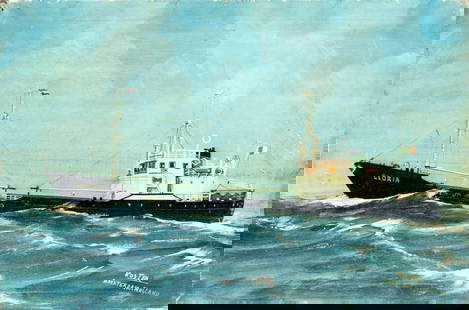 Klaas Koster (Dutch,German,1885-1969) oil painting: ARTIST: Klaas Koster (Netherlands, Germany, 1885 - 1969) TITLE: Ship Gloria MEDIUM: oil on canvas CONDITION: Very good. Minor craquelure. No visible inpaint under UV light. ART SIZE: 16 x 24 inches