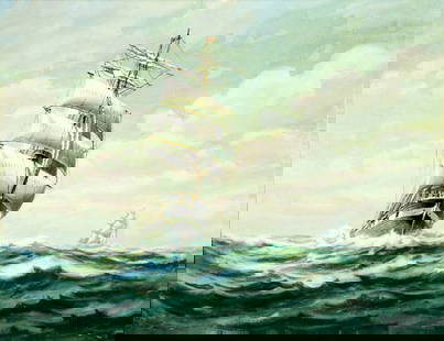 Harry Hambro Howe (MA,1886-1966) oil painting: ARTIST: Harry Hambro Howe (Massachusetts, 1886 - 1966) TITLE: Sail Ship MEDIUM: oil on canvas CONDITION: Few very minor paint losses mostly along edges. Very minor craquel