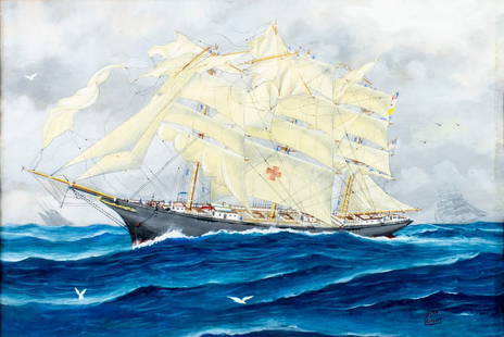 John Leavitt (MA,CT,1905-1974) watercolor painting: ARTIST: John Faunce Leavitt (Massachusetts, Connecticut, 1905 - 1974) TITLE: Sail Ship MEDIUM: watercolor on paper CONDITION: Some foxing. Framed under glass. Wear to frame. ART SIZE: 15 x 22
