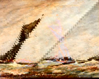 John Horwood (UK,1934-1994) oil painting: ARTIST: John Anthony Horwood (United Kingdom, 1934 - 1994) TITLE: The Old Boat (titled on verso) YEAR: 1971 MEDIUM: oil on canvas CONDITION: Overall go