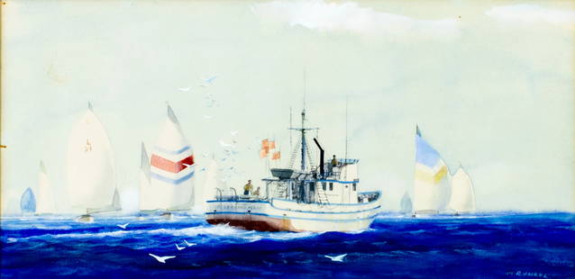 M Runkel (US,mid 20C) watercolor painting: ARTIST: M Runkel (American, mid 20 century) TITLE: Fishing Boat and Yacht Race MEDIUM: watercolor on paper CONDITION: Minor damages to the left edge. Some age toning. Framed under glass. ART SIZE: 9