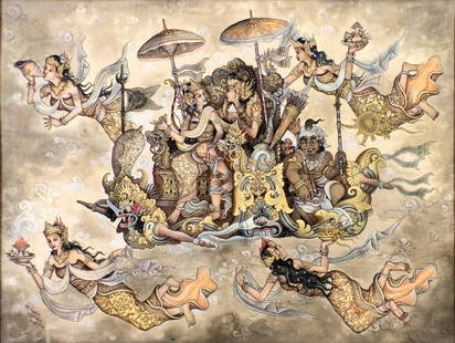 I Pt Ardika (Indonesia,20C) batik painting: ARTIST: I Pt Ardika (Indonesian, 20 century) TITLE: Mythological Scene, Bali, Indonesia MEDIUM: batik on canvas CONDITION: Overall good. No visible inpaint under UV light. ART SIZE: 24 x 32 inches /