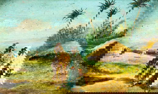 Antique 19C European oil painting: ARTIST: - (Europe, 19 century) TITLE: Orientalist Scene MEDIUM: oil on board CONDITION: Board has horizontal split/crack repaired with corresponding inpainting. Damage to lower left corner of