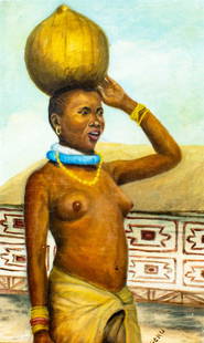 P Seru (Africa,20 century) oil painting: ARTIST: P Seru (African, 20 century) TITLE: African Woman with Bundle MEDIUM: oil on canvas CONDITION: Few minor paint losses. Minor craquelure. No visible inpaint under UV light. ART SIZE: 20 x 12