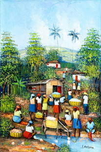 L Antoine (Haiti,20C) oil painting: ARTIST: L Antoine (Haitian, 20 century) TITLE: Haitian Village Scene MEDIUM: oil on canvas CONDITION: Missing a few flakes of paint. Some craquelure. No visible inpaint under UV light. Normal wear