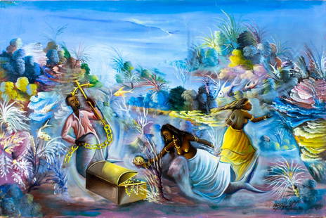 Roy F Charles (Haiti,20C) oil painting: ARTIST: Roy F Charles (Haitian, 20 century) TITLE: Haitian Surrealistic Underwater Scene YEAR: 1986 MEDIUM: oil on canvas CONDITION: Few minor paint loss