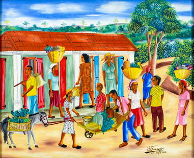 F Francois (Haiti,20C) oil painting: ARTIST: F Francois (Haitian, 20 century) TITLE: Haitian Street Scene MEDIUM: oil on board CONDITION: Small scratches/paint losses. No visible inpaint under UV light.