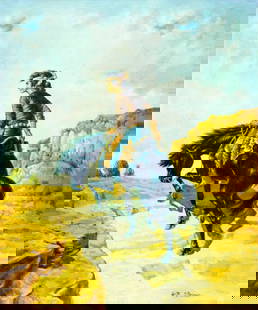 William Steiner (US,20C) oil painting: ARTIST: William Steiner (American, 20 century) TITLE: Indian Man on Horse MEDIUM: oil on canvas CONDITION: One nail hole to leftt edge. Very minor craquelure. No visible inpaint under UV light. ART