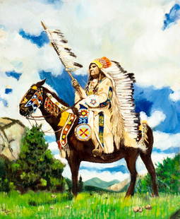 Vintage mid 20C American oil painting: ARTIST: - (American, mid 20 century) TITLE: Indian Man on Horse MEDIUM: oil on canvas CONDITION: Overall good. No visible inpaint under UV light. ART SIZE: