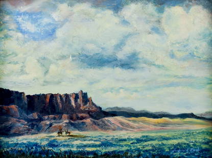 Frederick Rush (CA,MI,1937-?) oil painting: ARTIST: Frederick Reynolds Rush (California, Michigan, 1937 - ???) TITLE: Mountain Landscape with Horse Riders MEDIUM: oil on board CONDITION: Few small paint losses. No visible inpaint under UV