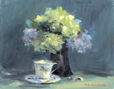 Robert Waltsak (NJ,b 1944) oil painting: ARTIST: Robert Alan Waltsak (New Jersey, born 1944) TITLE: Still Life with Tea Cup and Vase of Flowers MEDIUM: oil on canvas CONDITION: Overall good. No visible inpaint under UV light. Normal wear