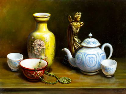 W Pater (US,20C) oil painting: ARTIST: W Pater (American, 20 century) TITLE: Still Life with Teapot and Vase MEDIUM: oil on canvas CONDITION: Few faint scratches mostly along edges. No visible inpaint und