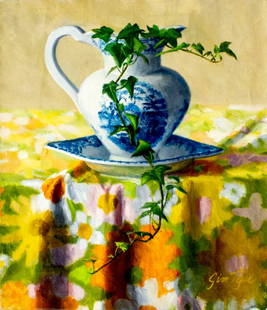 Jim McIntyre (Europe,20C) oil painting: ARTIST: Jim McIntyre (European, 20 century) TITLE: Still Life with Jug YEAR: 1978 MEDIUM: oil on canvas CONDITION: Unstretched (In-House stretching available). Missing a few flakes of paint. Some