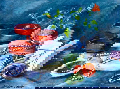 Lieselotte Ferrin (IL,1933-2017) oil painting: ARTIST: Lieselotte Gertrud Ferrin (Illinois, 1933 - 2017) TITLE: Still Life MEDIUM: oil on canvas CONDITION: Few minor paint losses. Few small faint scratches. No visible inpaint under UV light. ART