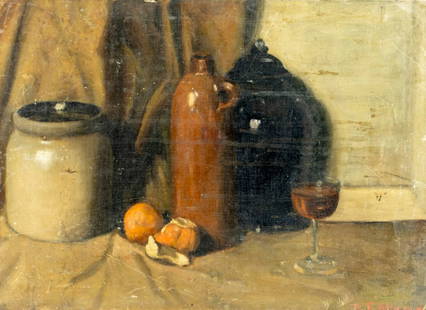 B P Attwood (US,early 20C) oil painting antique: ARTIST: B P Attwood (American, early 20 century) TITLE: Still Life with Jugs MEDIUM: oil on canvas. Canvas applied to board. CONDITION: Some scratches/paint losses. Some sca