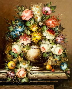 Roberto Michel (Spain,1944-?) oil painting: ARTIST: Roberto Michel (Spanish, 1944 - ???) TITLE: Still Life with Vase of Flowers MEDIUM: oil on canvas CONDITION: Unstretched (In-House stretching available). Minor pai