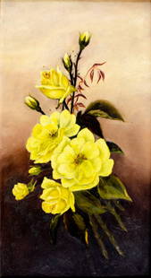 Antique 19C American oil painting: ARTIST: - (American, 19 century) TITLE: Still Life with Flowers YEAR: circa 1900 MEDIUM: oil on glass CONDITION: Few minor paint losses. Very minor craquelure. Some scattered small inpaintings. ART