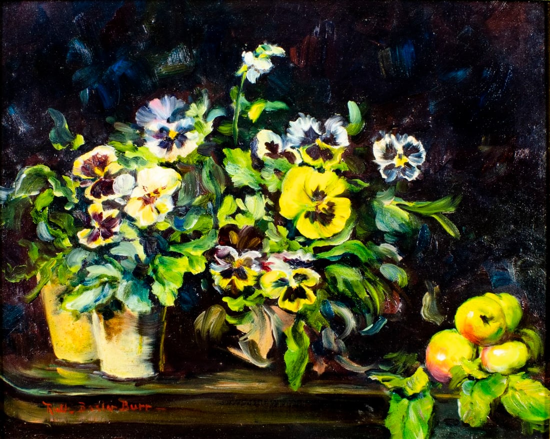 Ruth Basler Burr (IL,CA,1932-?) oil painting: ARTIST: Ruth Basler Burr (Illinois, California, 1932 - ???) TITLE: Still Life with Pancies and Apples MEDIUM: oil on canvas CONDITION: Very good. No visible inpaint under