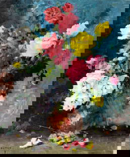 V Lazaro (Europe,20C) oil painting: ARTIST: V Lazaro (European, 20 century) TITLE: Still Life with Vase of Roses MEDIUM: oil on canvas CONDITION: Few minor paint losses. No visible inpaint under UV light.