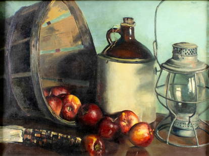Pond (US,20C) oil painting: ARTIST: Pond (American, 20 century) TITLE: Still Life with Apple Basket and Lamp MEDIUM: oil on canvas CONDITION: Few small scratches/paint losses. Some craquelure. No visib