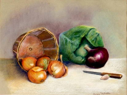 Grace Melville (US,20C) pastel painting: ARTIST: Grace Melville (American, 20 century) TITLE: Still Life with Vegetables MEDIUM: pastel on paper CONDITION: Very good. Framed under glass. Wear to frame.
